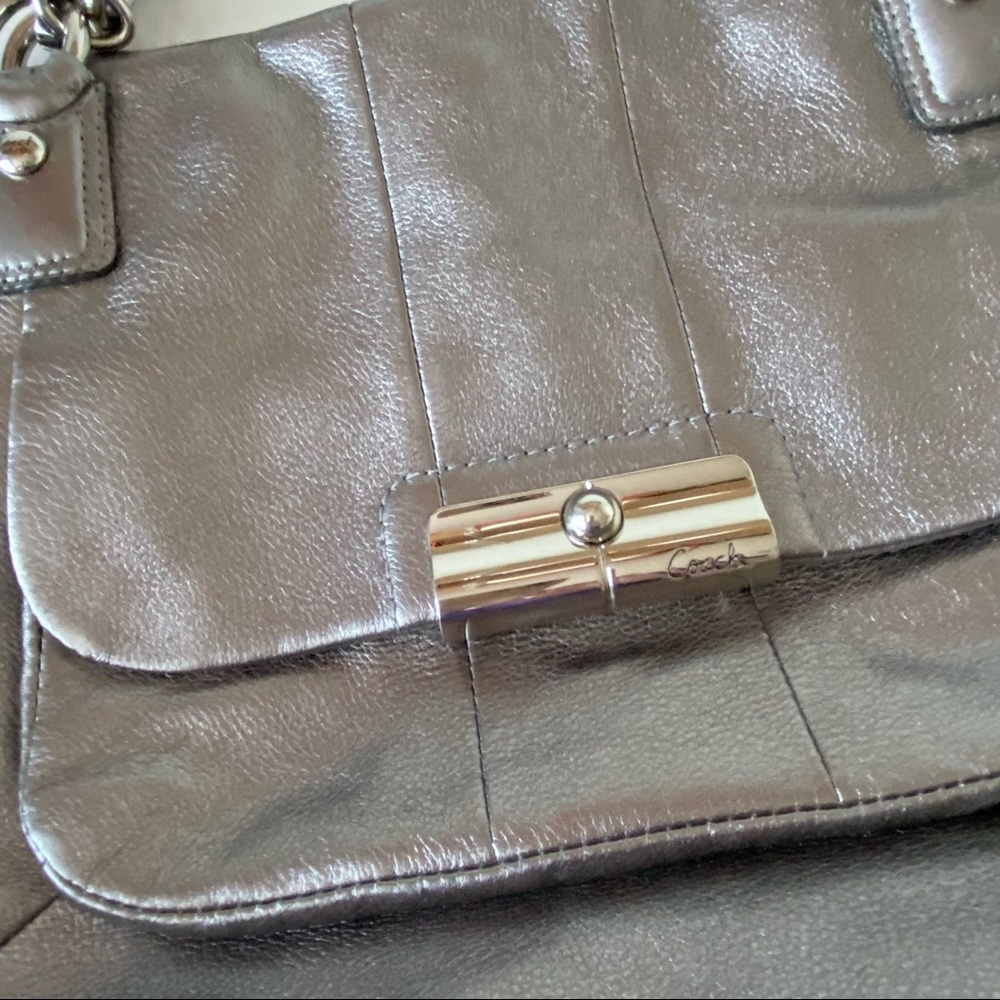 COACH Kristen leather zip top tote. Gunmetal/silver, metallic - Picture 7 of 15